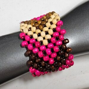 Wood Bead Stretch Cuff Bracelet Women OS Pink Brown Tan Boho Kandi Wide